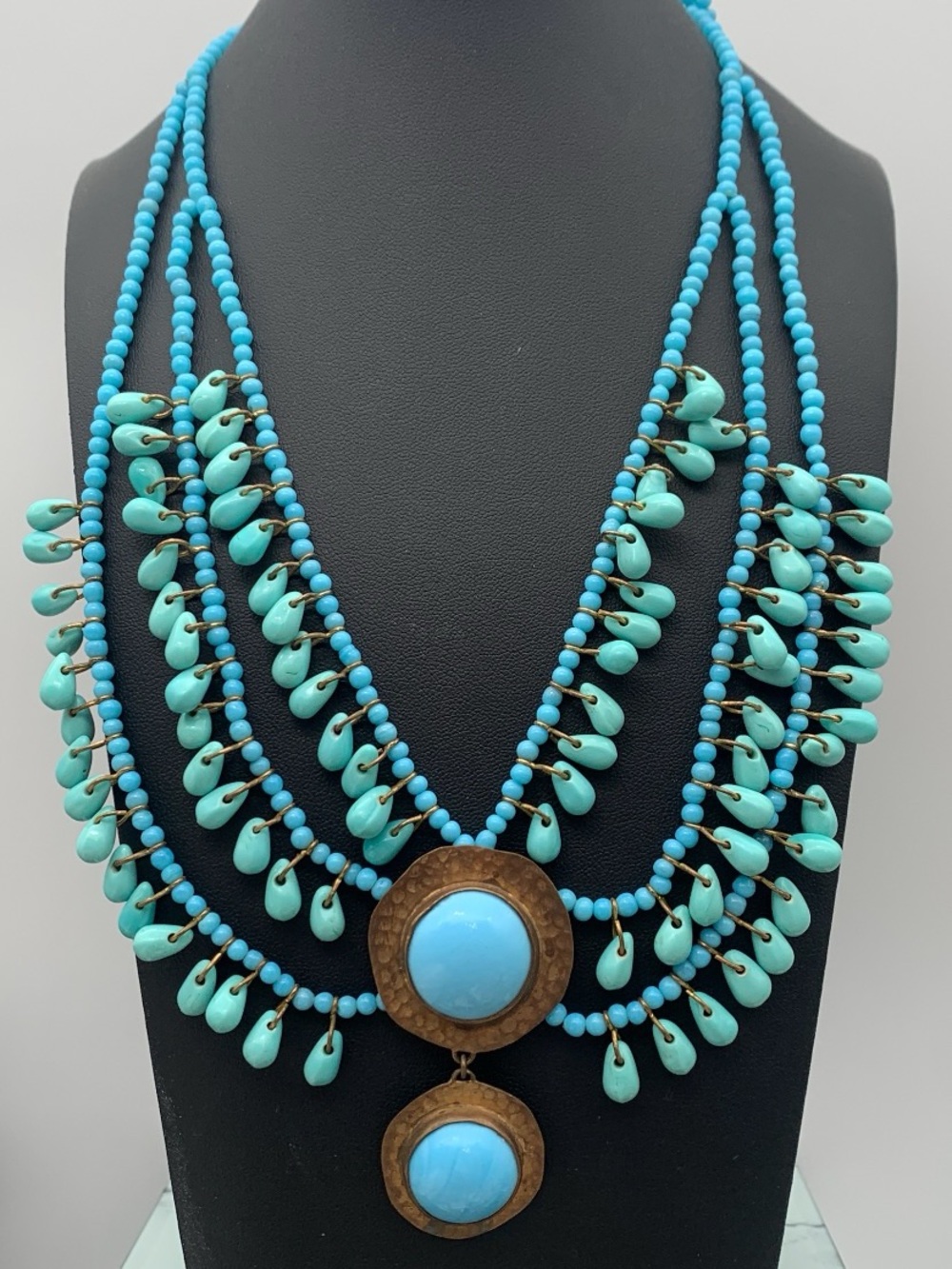 Vintage Turquoise blue Multi-Strand Beaded Statement Necklace 18”